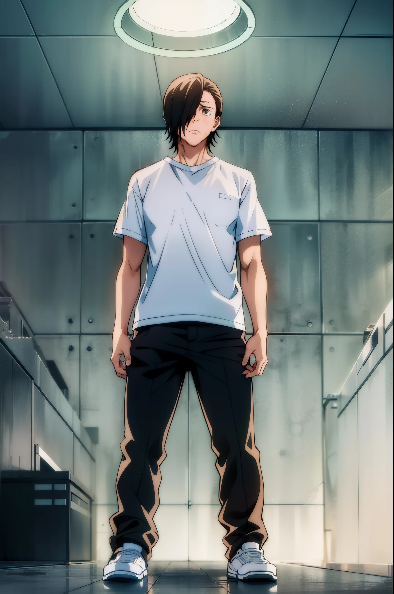 (masterpiece, best quality:1.2), Jujutsu kaisen style, junpei_yoshino, (1boy, solo), (full body, standing in the school gymnasium, open stance), school white shirts, (angry expression:1.1), looking at viewer, huge jellyfish monster floating above his head