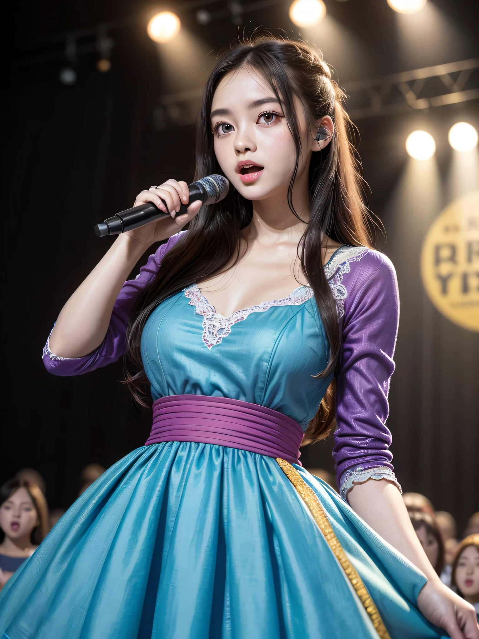 (High level image quality、high quality、High resolution、detailed、masterpiece), shikamimi, Photographed with canon eos 5d, Purple Red Outfit、17 years old、rorish, perform on stage, concert photos, cute core、(((watching the audience)))、Very beautiful and beautiful female idol, (round face、big eyes、drooping eyes)、singing at live stage , singing scene, dress scene, ((Brightly colored clothing)), Warm light、(anatomically correct)、(perfect body proportions)、
