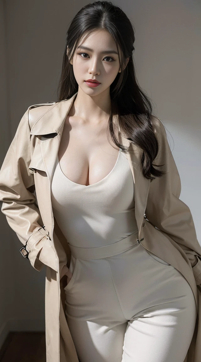 （best quality，High resolution，representative work:1.1），Extremely sexy and beautiful Korean woman，(((tall figure，Small waist and hourglass figure，Perfect curve proportions)))，(((Wearing a V-neck jumpsuit，Flowing light trench coat，visible exposed skin，Showing thighs)))，Big breasts accentuate her cleavage，((Cracked crotch，Mons pubis enlargement and fullness))，With knee-high leather boots，Tie your hair into a stylish updo，show your neck，Beauty as seen by the eyes，face me，graceful standing posture，sweet smile，Mainly front view，Above the knee view。