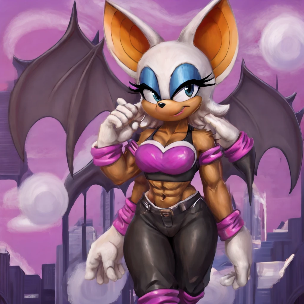 Rouge the bat with abs wearing a crop top of her original outfit with a bare midriff and a bare navel
