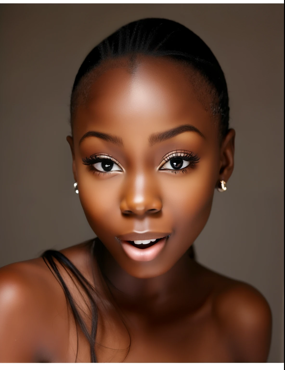 African girl teen young under 13 years, extremely very dark skin, long hair, perfect lips perfect mouth perfect teeth shocked face