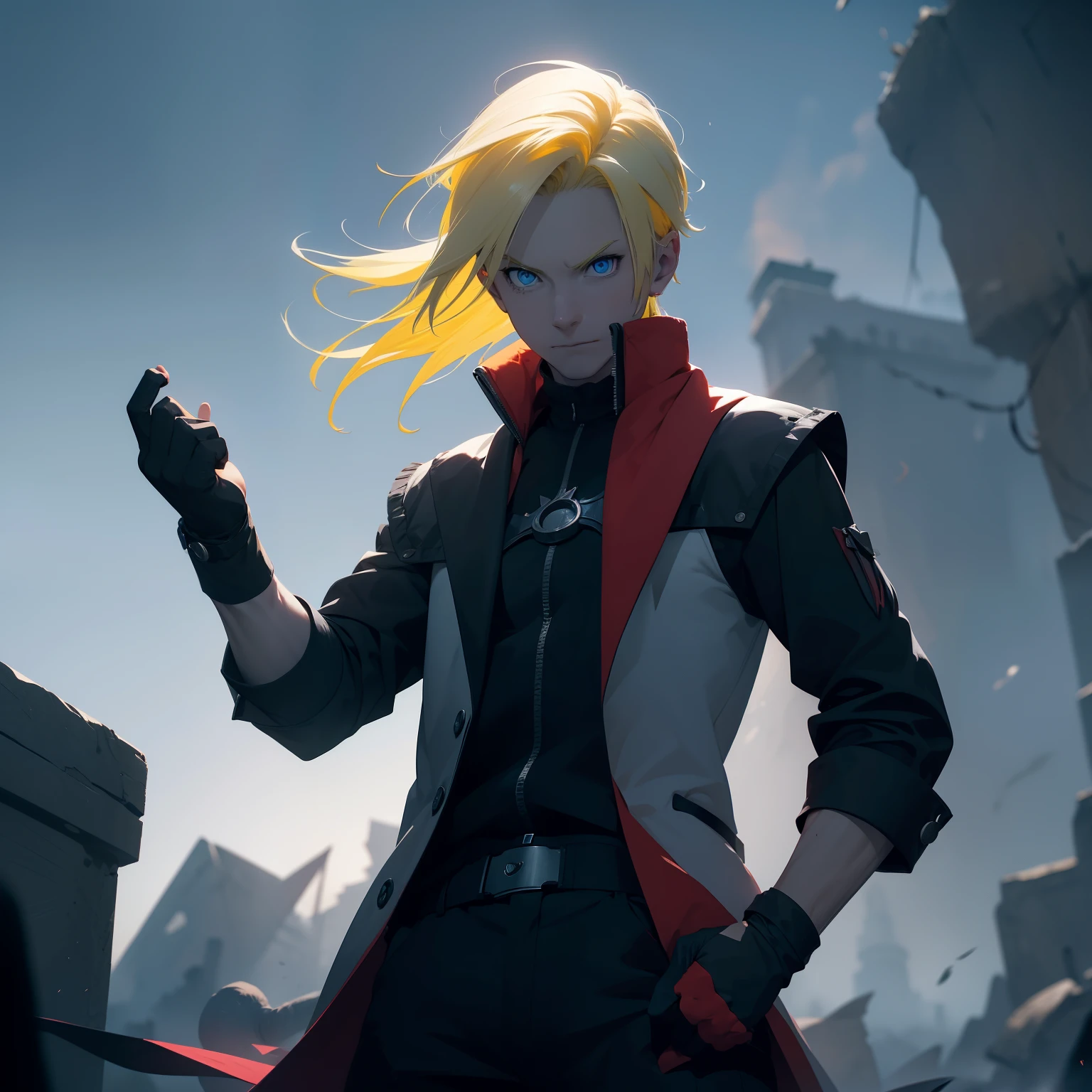 (26 years old), (male), (Yellow hair), (Blue eyes), red scarf, red vest, sleeveless, black pants, black gloves, slim, up to legs, Magic Circle Through behind, ((Game Of Punishing Gray Raven Theme)).