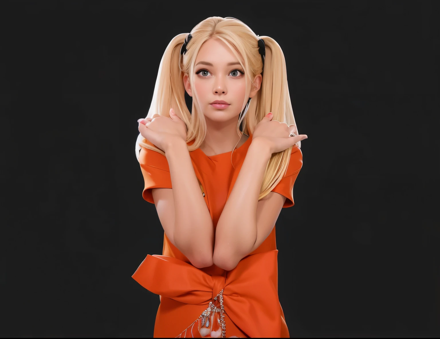 A blonde woman wearing an orange dress is holding her hands together in a praying motion. glossy skin