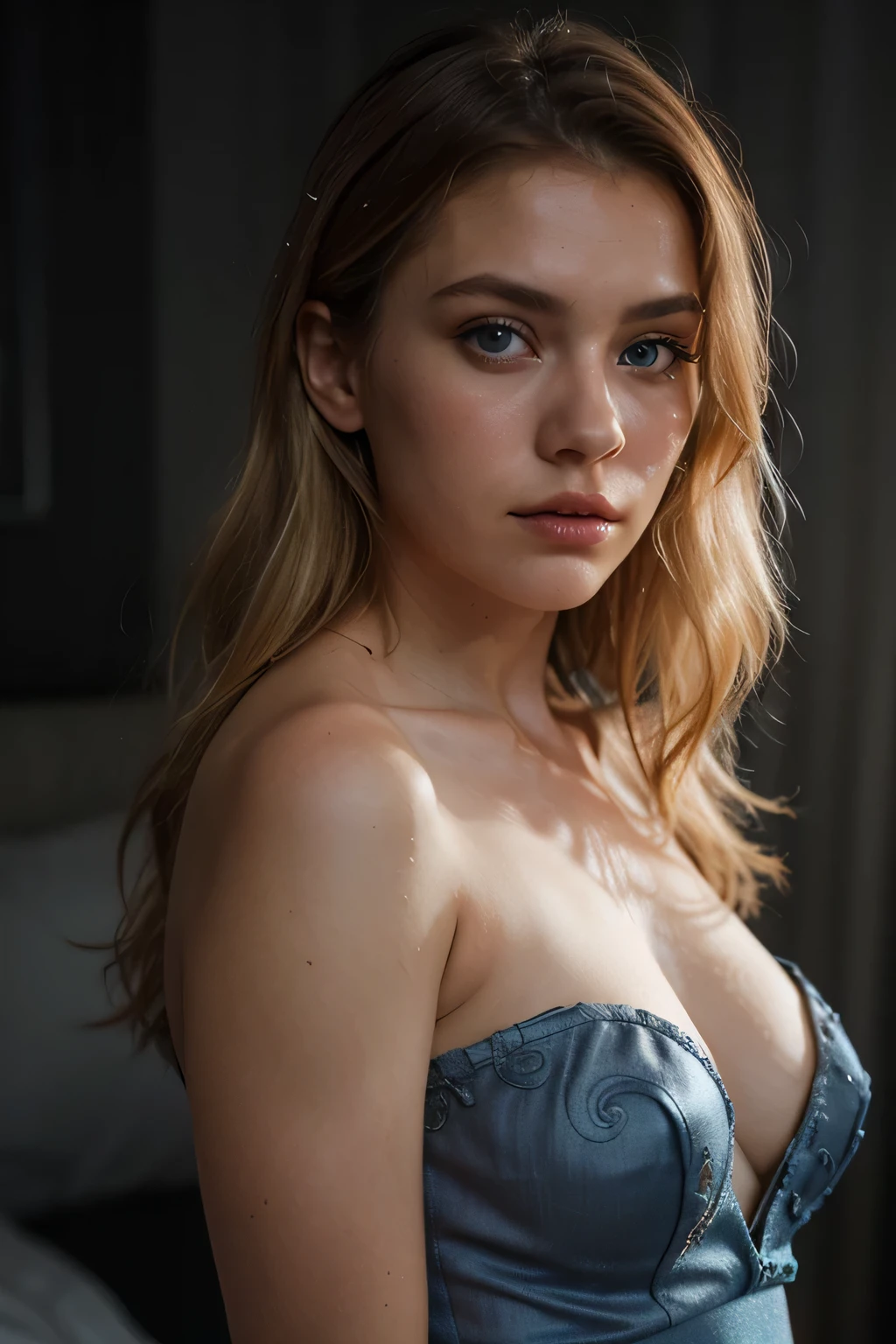 (masterpiece, photorealistic:1.4, extremely intricate:1.3), (photon mapping, radiosity, physically based rendering, ultra resolution, hyper-realistic, photorealistic:1.4, hyper-realistic, 8K), ((((solo, 1girl) teenage supermodel, (mysterious, smirk, bright lipstick)), makeup:0.2)), dark room, dark background, black background, solo, BREAK; BREAK ((((blonde short curly hair, [green eyes:blue eyes:0.8]), [skin detail:freckles:0.6]))), ((fujicolor)), (((([large breasts:medium breasts:0.2], (bedroom, (her soft blue pajamas have a loose fit and we can see her decolletage, 19 years old girl)), ((portrait, closeup, decolletage))), dark bedsheet, bokeh, sharp focus)))
