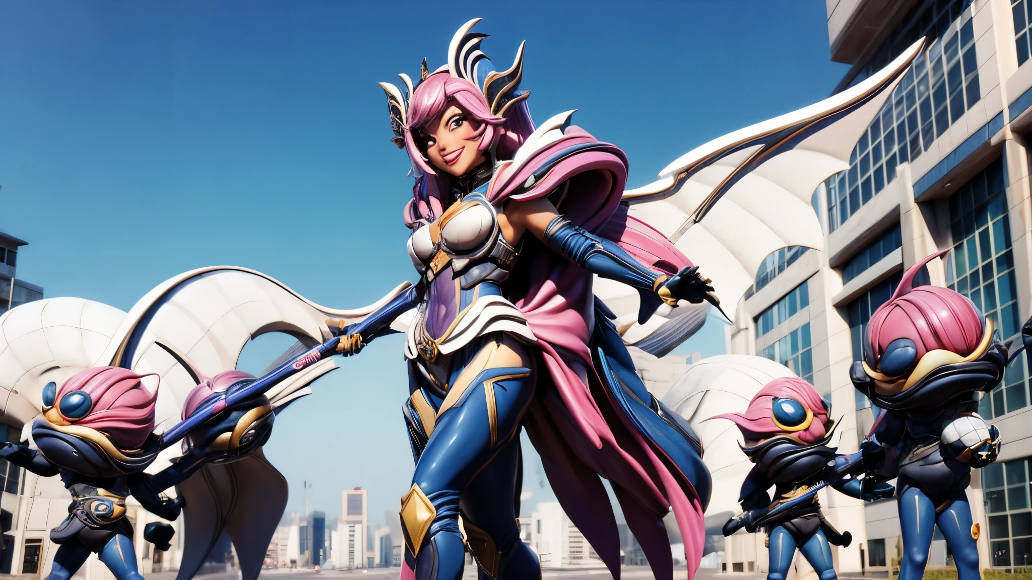 (best quality,4k,8k,highres,masterpiece:1.2),ultra-detailed, Alien Princess, Female Commander Invading city with her minions, strutting her stuff, Smiling and laughing, Flirting with the viewer, HDR, 8k, absurdres, cinestill 800, sharp focus, add_detail:3 (solo woman) anime Villainess, wideshot, widescreen