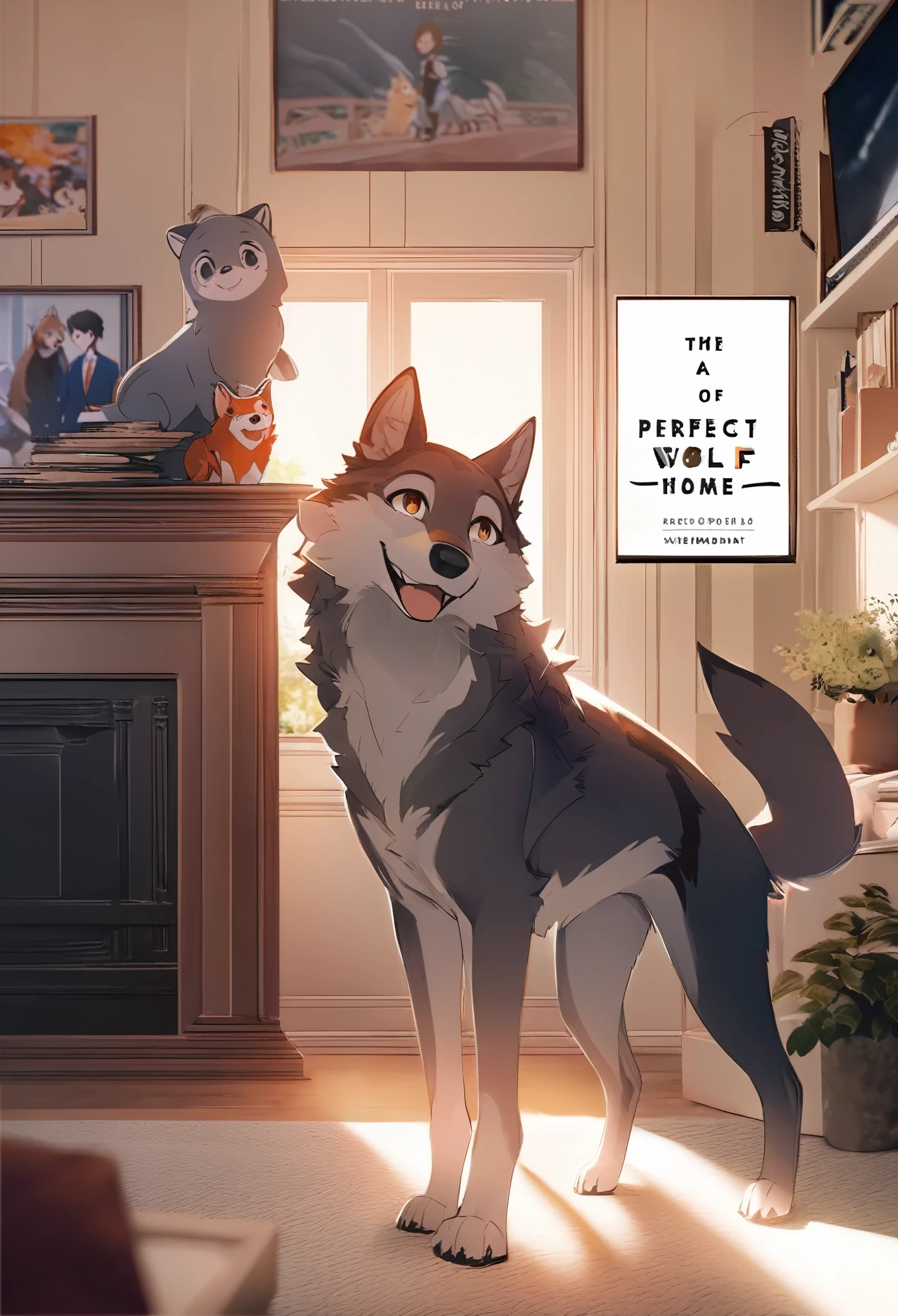 cover page, anime key visual, highres, top quality, best quality, paid reward available, High-quality illustrations, unparalleled masterpiece, perfect artwork, absurdres(home video, 1girl, husband of wolf)family, in house, in room, smile, happy, perfect anatomy, fan-created work shared on platforms Pixiv or Twitter, cinematic lighting,