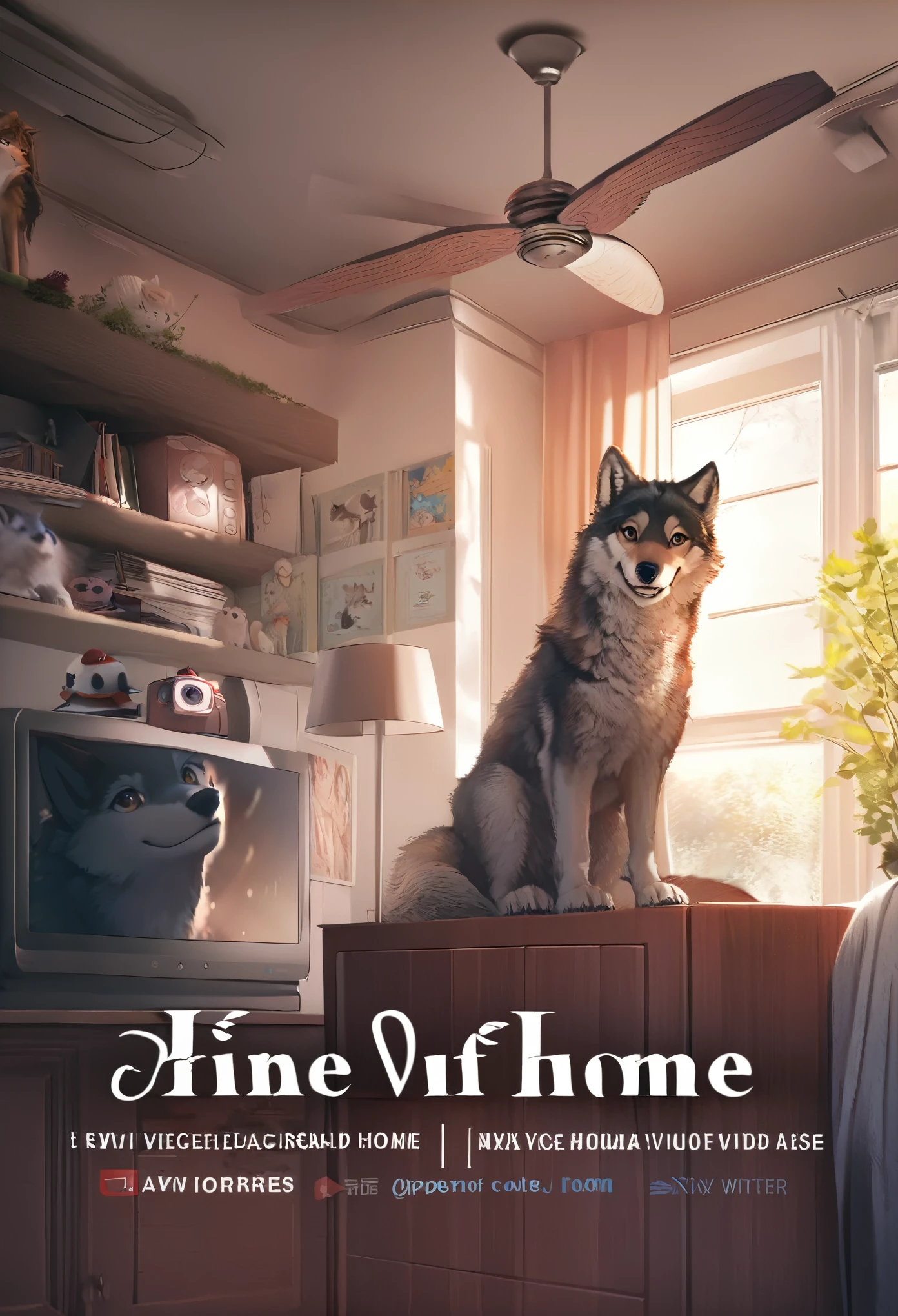 cover page, anime key visual, highres, top quality, best quality, paid reward available, High-quality illustrations, unparalleled masterpiece, perfect artwork, absurdres(home video, 1girl, husband of wolf)family, in house, in room, smile, happy, perfect anatomy, fan-created work shared on platforms Pixiv or Twitter, cinematic lighting,