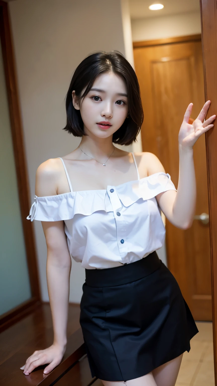 (High resolution、8k:1.3)、masterpiece、perfect anatomy, (Ultra-realistic as a photo:1.3)、Very nice finish、Sharp focus, 超High resolutionの顔、highest quality、The face is in focus、Ultra high definition and beautiful eyes、Eyes are symmetrical、High quality and beautiful skin、Firm Skin、Japanese Girls, Slender、very cute、、(Off the shoulder、Pleated skirt、Umini skirt), Sitting、Natural Makeup, (blush:1.3), (Embarrassing:1.3)、(View your viewers:1.3),short hair, messy hair