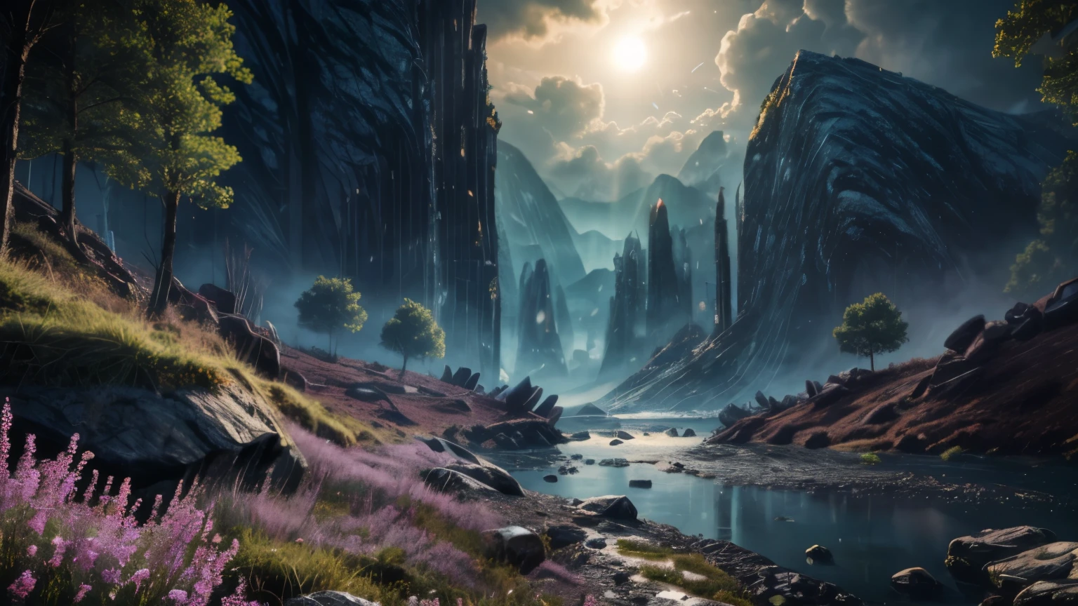 (masterpiece:1.2), (photorealistic), professional light, cinematic lighting, alien planet and vegetation, epic, epic background, ambient light, mysterious atmosphere, dinamic, 8k, overallDetail:1.5