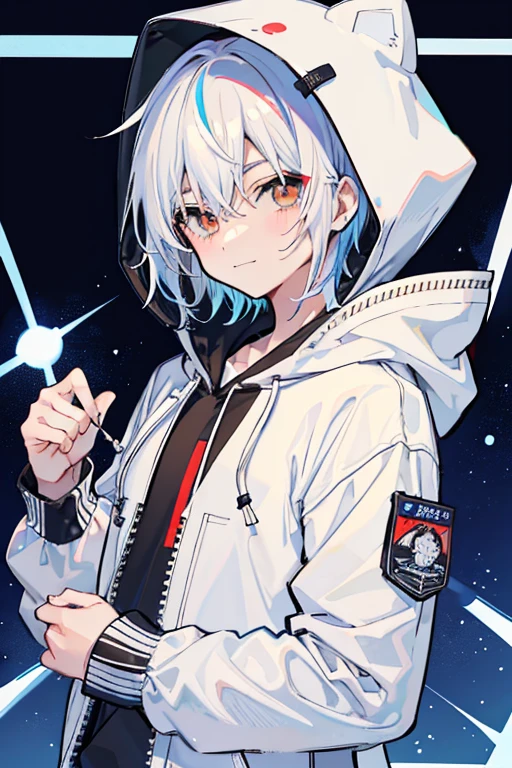anime,manga,(((1male))), solo, hood, brown eyes, medium hair, long sleeves, bangs, hood up, white hoodie,upper body, multicolored hair, looking at viewer, blue hair, hoodie, puffy sleeves, white hair, drawstring, blush, closed mouth, virtual youtuber, sleeves past wrists, smile, white jacket, jacket,(male),hands down,(very short hair,boy hair),((don't show hands))