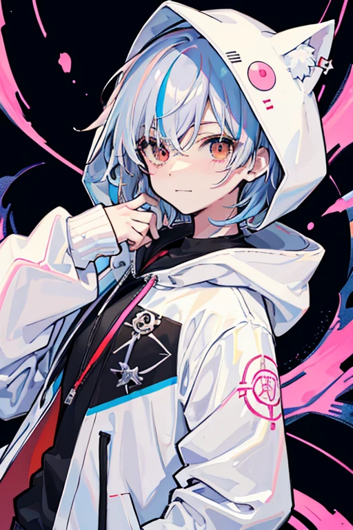 anime,manga,(((1male))), solo, hood, brown eyes, medium hair, long sleeves, bangs, hood up, white hoodie,upper body, multicolored hair, looking at viewer, blue hair, hoodie, puffy sleeves, white hair, drawstring, blush, closed mouth, virtual youtuber, sleeves past wrists, smile, white jacket, jacket,(male),hands down,(very short hair,boy hair),((don't show hands))