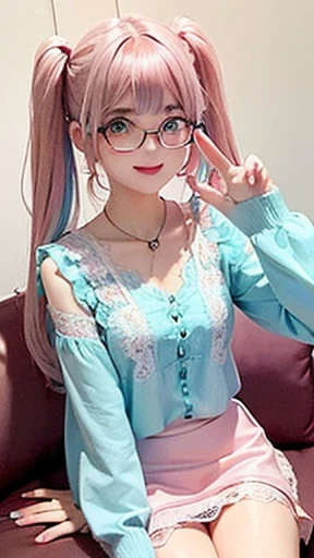 The arrival of autumn、Big chest、small face、 (alone:1.5,)Super detailed,明るいcolor, very beautiful detailed anime face and eyes, look straight,  shiny_skin,girl, (((虹colorの髪, colorful hair, Half blue、half pink hair: 1.2))), 、shiny hair, delicate beautiful face, blush、Glasses、(turquoise eyes), , Valletta, earrings,、on the sofa、(（(Stylish lace mini skirt,Translucent shirt)))、（twin tails）、smile、happy face、face dyed red、color々pose、Full body portrait from head to toe、（I can see the whole body）