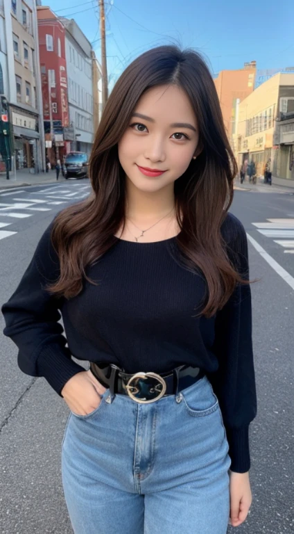 ((highest quality、In 8K、masterpiece:1.3))、20th generation Japanese women、long straight hair、smile、full body image、blue sweater、Jeans with a shiny black patent leather belt、smile、front image、cute woman、(dark brown hair)、(T-shirt:1.1)、highly detailed face、detailed eye、double eyelid、slim face、Take-out、street、