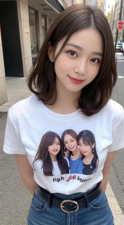 ((highest quality、In 8K、masterpiece:1.3))、20th generation Japanese women、long straight hair、smile、full body image、blue sweater、Jeans with a shiny black patent leather belt、smile、front image、cute woman、(dark brown hair)、(T-shirt:1.1)、highly detailed face、detailed eye、double eyelid、slim face、Take-out、street、