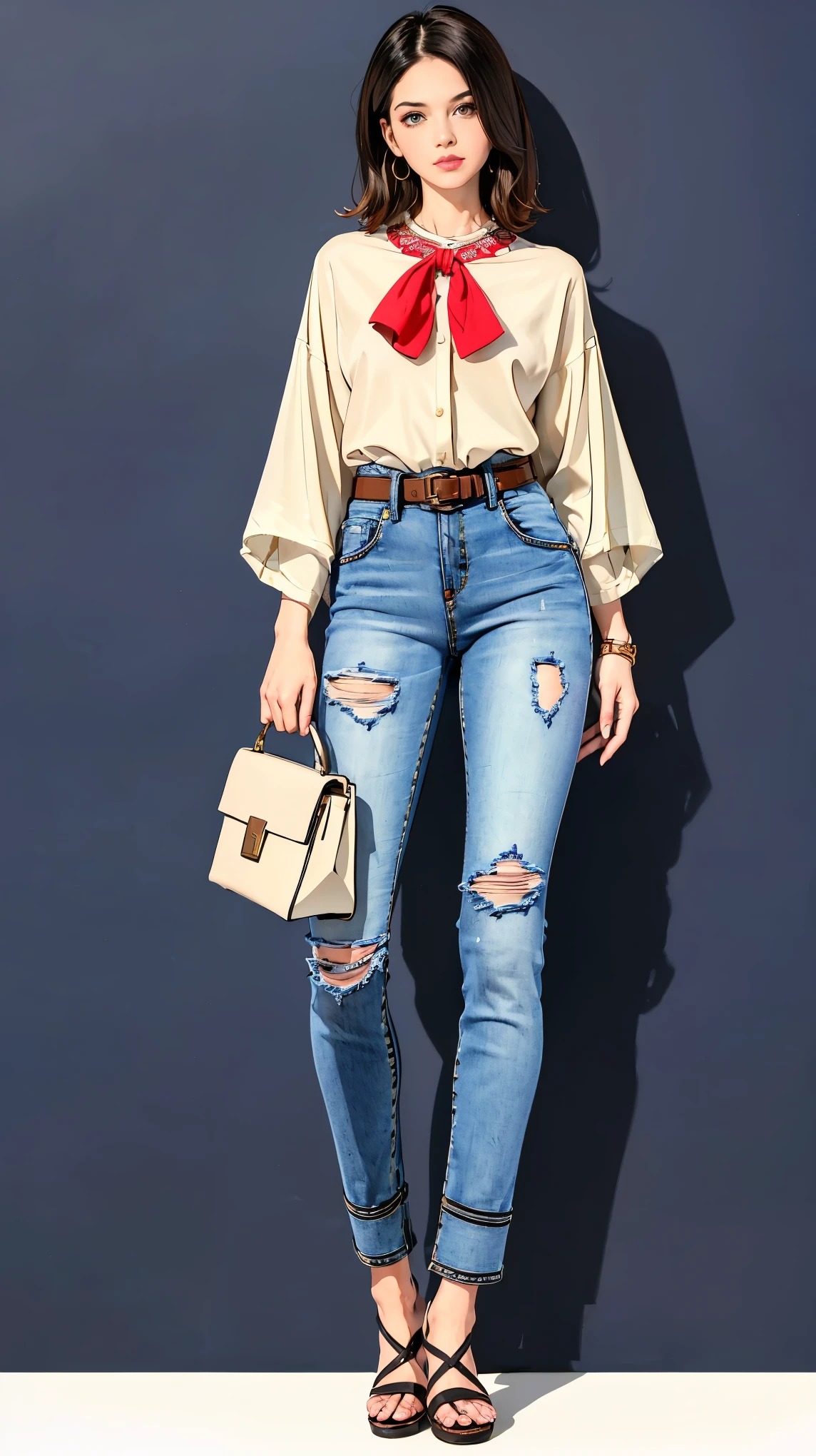 ((best quality,4k,highres,masterpiece:1.2)),((character concept art)), 1 female, . For a casual weekend outfit, she's dressed in a relaxed yet chic ensemble by Hermes. (((She's wearing a simple white Hermes silk blouse paired with the brand's iconic high-waisted, belted denim jeans))). The outfit is completed with a pair of comfortable Hermes Oran sandals, perfect for a casual weekend outing. Her accessories include a classic Hermes Evelyne cross-body bag and a stylish Hermes enamel bangle. Despite the casual nature of her outfit, her style exudes an air of effortless elegance and sophistication that is characteristic of the Hermes brand. ((intricate detail)), super finely detailed hands, ultra finely detailed fingers(((ten fingers))), (standing casually), (full body showcase), (show full body), (no logos on background), (no logo), ((plain background)), ((plain background)), (((empty background))).