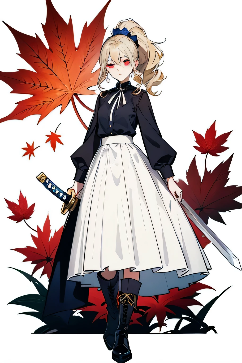 Seventeen--old l，Height 170cm，blonde hair curly hair，high ponytail，red eyes，Eyebrows slightly wrinkled，Top white shirt，Dark blue midi skirt，Silver boots，Western-style cage sword，There is a maple leaf on the sword，firm eyes，sharp eyes，stand upright，front，whole body，no background