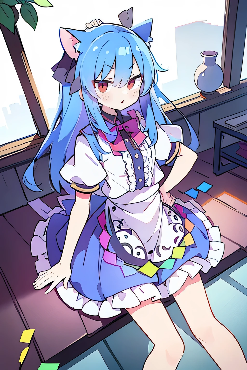 (masterpiece),best quality, expressive eyes, perfect face, 1girl,
 Put your hands on your waist,Fair, Gorgeous,japanese manga,girl,Laura,young angel, blue hair, blue haired, floating clothes,grab your waist, grab your waist, hands on hips , hands on hips,sit, sit on ground, legs on the ground, flat chest,cat ears,