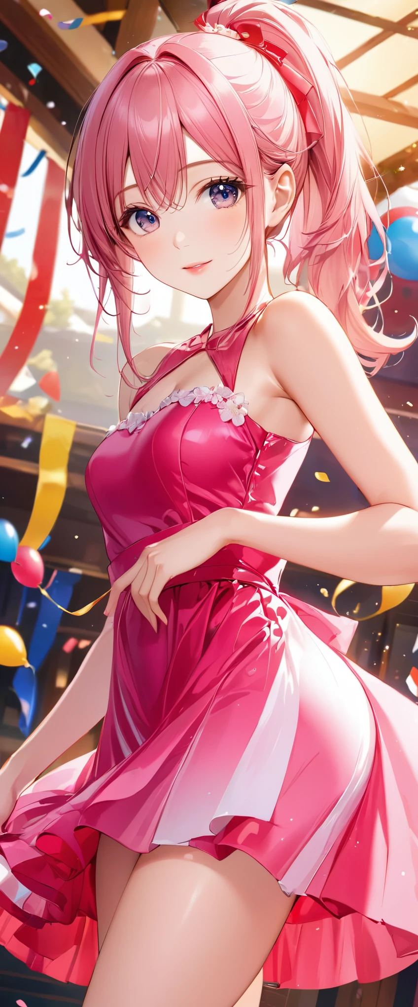 (masterpiece,highest quality,超A high resolution),japanese woman, (((Very beautiful 25 year old girl))), pretty girl、look at the photographer､  ((beautiful low ponytail)), super cute face, glossy lips, double eyelids in both eyes,natural smile、 natural makeup, long eyelashes, Shiny and smooth hair､,  perfect limbs, perfect anatomy,(((party dress))、party venue,Pose with movement