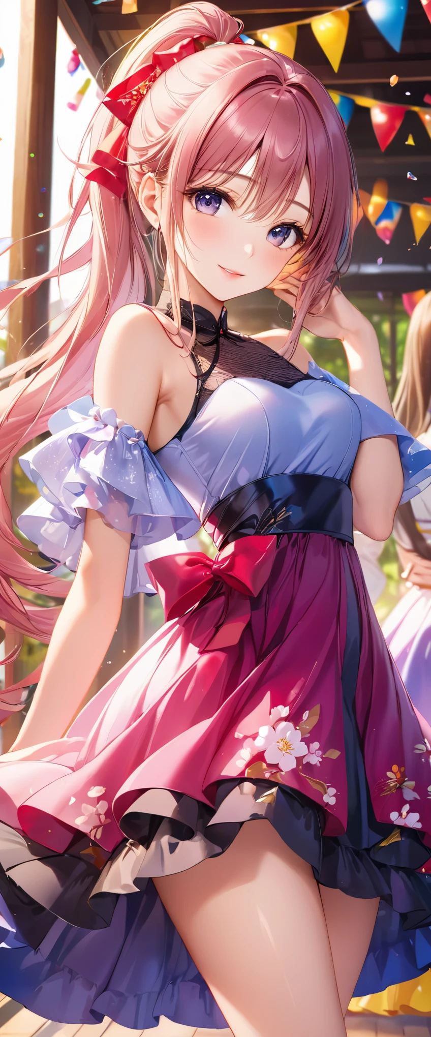(masterpiece,highest quality,超A high resolution),japanese woman, (((Very beautiful 25 year old girl))), pretty girl、look at the photographer、 ((beautiful low ponytail)), super cute face, glossy lips, double eyelids in both eyes,natural smile、 natural makeup, long eyelashes, Shiny and smooth hair、, perfect limbs, perfect anatomy,(((party dress))、party venue,Pose with movement