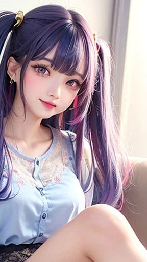 The arrival of autumn、big chest、small face、 (alone:1.5,)Super detailed,bright colors, very beautiful detailed anime face and eyes, look straight, shiny_skin,girl, (((rainbow colored hair, colorful hair, Half blue、half pink hair: 1.2))), 、shiny hair, delicate beautiful face, blush、Glasses、(turquoise eyes), , Valletta, earrings,、on the sofa、(((Stylish lace mini skirt,Translucent shirt)))、(twin tails)、smile、happy face、face dyed red、cheerful pose、dynamic、Full body portrait from head to toe、(I can see the whole body)