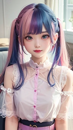 The arrival of autumn、big chest、small face、 (alone:1.5,)Super detailed,bright colors, very beautiful detailed anime face and eyes, look straight,  shiny_skin,girl, (((rainbow colored hair, colorful hair, Half blue、half pink hair: 1.2))), 、shiny hair, delicate beautiful face, blush、Glasses、(turquoise eyes), , Valletta, earrings,、on the sofa、(（(Stylish lace mini skirt,Translucent shirt)))、（twin tails）、smile、happy face、face dyed red、cheerful pose、dynamic、Full body portrait from head to toe、（I can see the whole body）