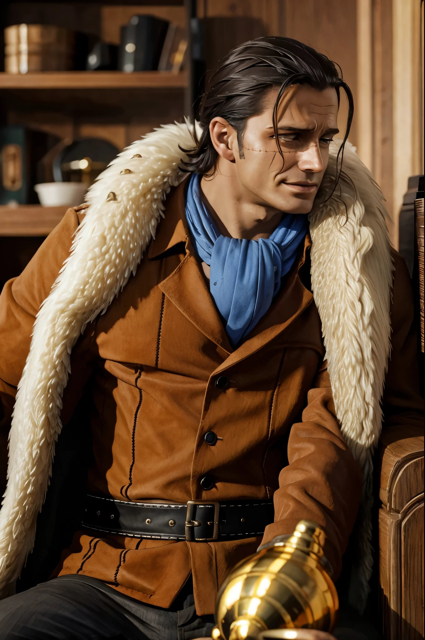 masterpiece, best quality, extremely detailed, hyperrealistic, photorealistic, a cool 40s man, ultra detailed face:1.2, fur-trimmed coat, scarf around the neck, his left hand is a golden pirate hook:1.1, at cafe:1.2, sitting, a cup of coffee, sly smile