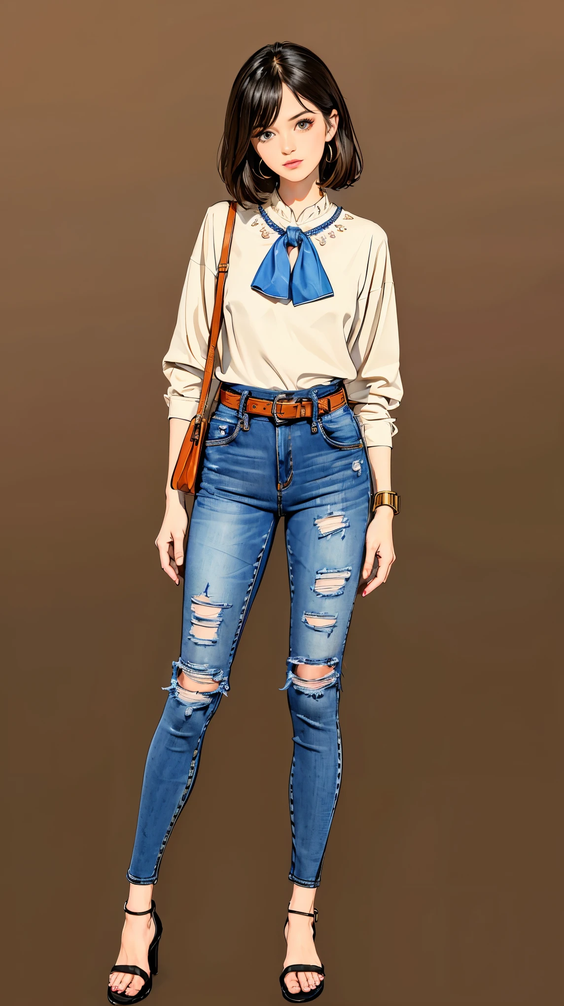 ((best quality,4k,highres,masterpiece:1.2)),((character concept art)), 1 female, . For a casual weekend outfit, she's dressed in a relaxed yet chic ensemble by Hermes. (((She's wearing a simple white Hermes silk blouse paired with the brand's iconic high-waisted, belted denim jeans))). The outfit is completed with a pair of comfortable Hermes Oran sandals, perfect for a casual weekend outing. Her accessories include a classic Hermes Evelyne cross-body bag and a stylish Hermes enamel bangle. Despite the casual nature of her outfit, her style exudes an air of effortless elegance and sophistication that is characteristic of the Hermes brand. ((intricate detail)), super finely detailed hands, ultra finely detailed fingers(((ten fingers))), (standing casually), (full body showcase), (show full body), (no logos on background), (no logo), ((plain background)), ((plain background)), (((empty background))).