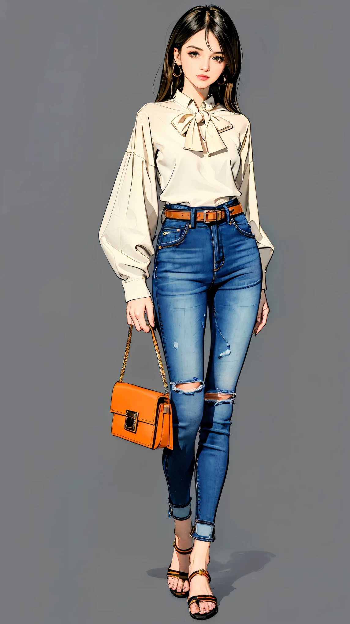 ((best quality,4k,highres,masterpiece:1.2)),((character concept art)), 1 female, . For a casual weekend outfit, she's dressed in a relaxed yet chic ensemble by Hermes. (((She's wearing a simple white Hermes silk blouse paired with the brand's iconic high-waisted, belted denim jeans))). The outfit is completed with a pair of comfortable Hermes Oran sandals, perfect for a casual weekend outing. Her accessories include a classic Hermes Evelyne cross-body bag and a stylish Hermes enamel bangle. Despite the casual nature of her outfit, her style exudes an air of effortless elegance and sophistication that is characteristic of the Hermes brand. ((intricate detail)), super finely detailed hands, ultra finely detailed fingers(((ten fingers))), (standing casually), (full body showcase), (show full body), (no logos on background), (no logo), ((plain background)), ((plain background)), (((empty background))).