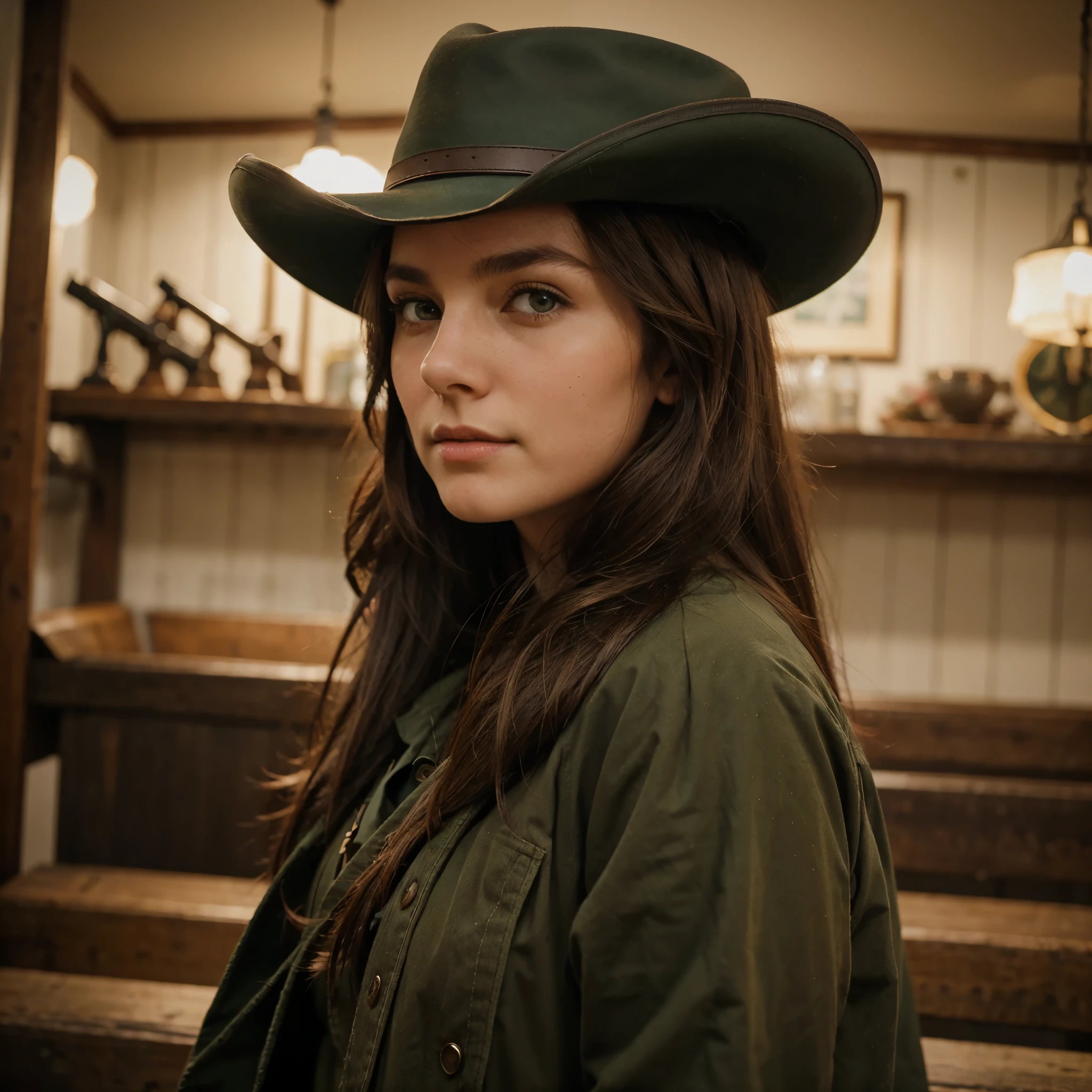 dark green eyes, dark brown hair, 1890's, rifle over shoulder, cowboy hat, girl, 8k, perfect quality, 