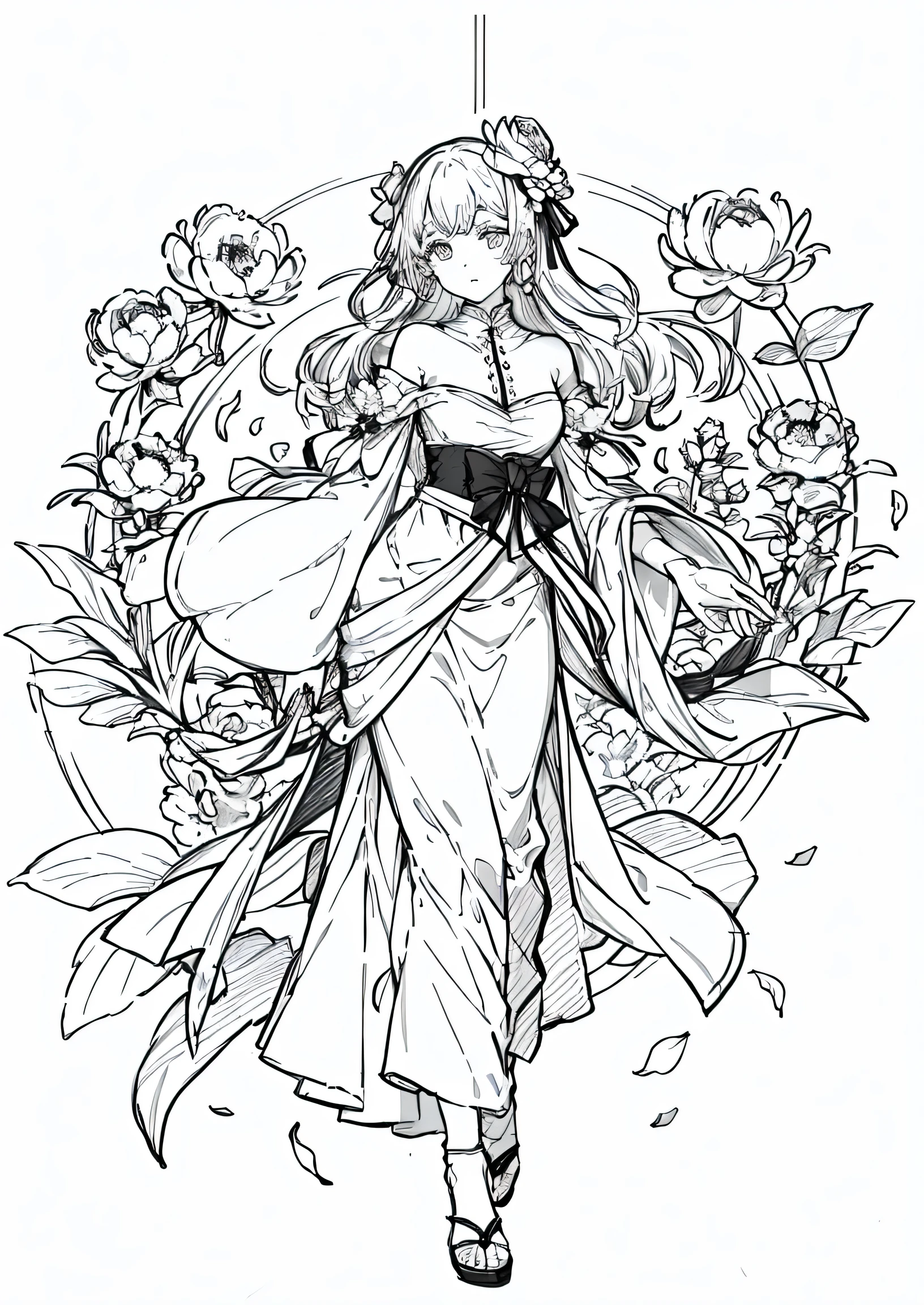 White Peony,sketch,black and white lines,Large flowers,Brilliant。Each petal is as soft as fine silk,Layers,As if showing its elegance and luxury to the world