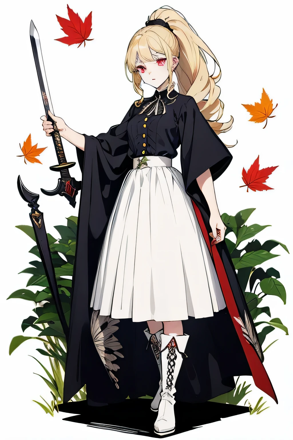 Seventeen-year-old girl,Height 170cm,blonde hair curly hair,long hair,high ponytail,red eyes,Eyebrows slightly wrinkled,Top white shirt,Dark blue midi skirt,Silver boots,Western-style cage sword,There is a maple leaf on the sword,firm eyes,sharp eyes,stand upright,front,whole body,no background