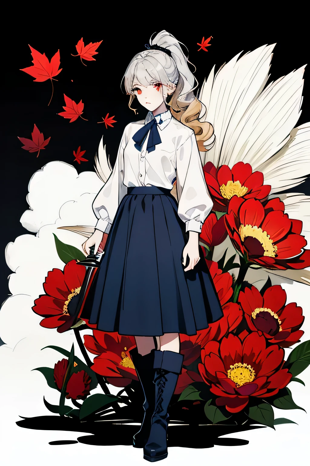 Seventeen-year-old girl,Height 170cm,blonde curly hair,long hair,high ponytail,red eyes,Eyebrows slightly wrinkled,Top white shirt,Dark blue midi skirt,Silver boots,Western-style cage sword,There is a maple leaf on the sword,firm eyes,sharp eyes,stand upright,front,whole body,no background