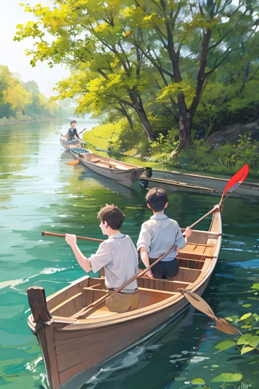 2 boys rowing a boat on the river
