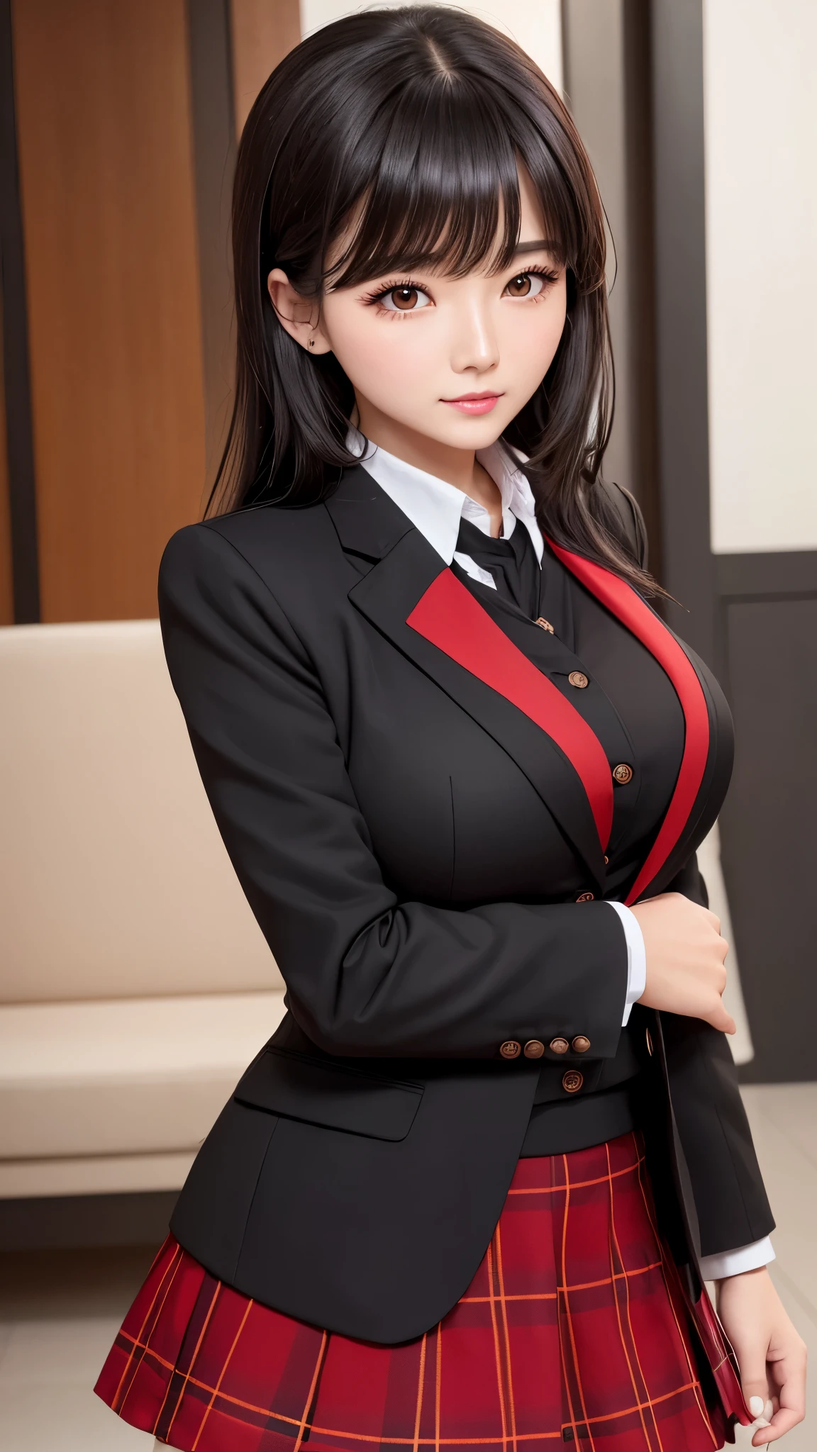 ((highest quality)), ((8k)), (detailed face), (highlight), female、Big breasts、bangs、black hair、plaid skirt、blazer、red to black、
