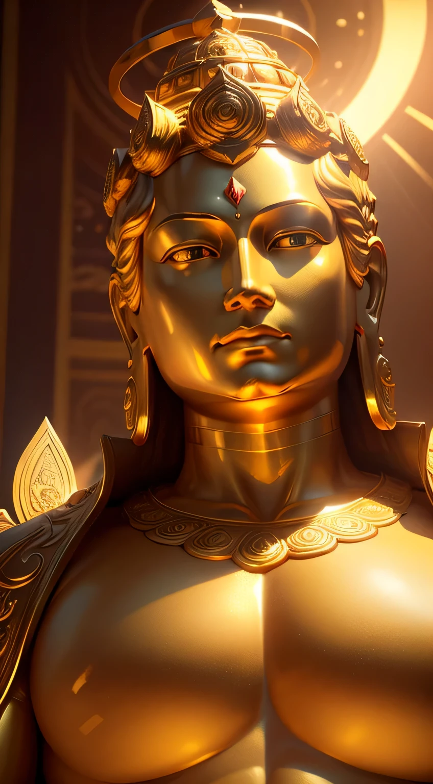Highly detailed portrait of a huge golden Buddha with a halo of the sun god, gold color, unreal engine, art:mark lyden, lost fish, Counting Nolen, global illumination, goa, Detailed and complex environment, elden ring style,money,8k