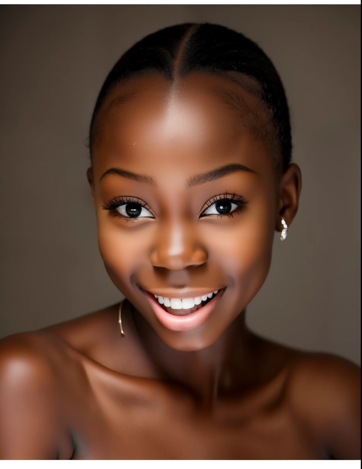 African girl young undetremely very dark skin, long hair, perfect lips perfect mouth perfect teeth shocked face