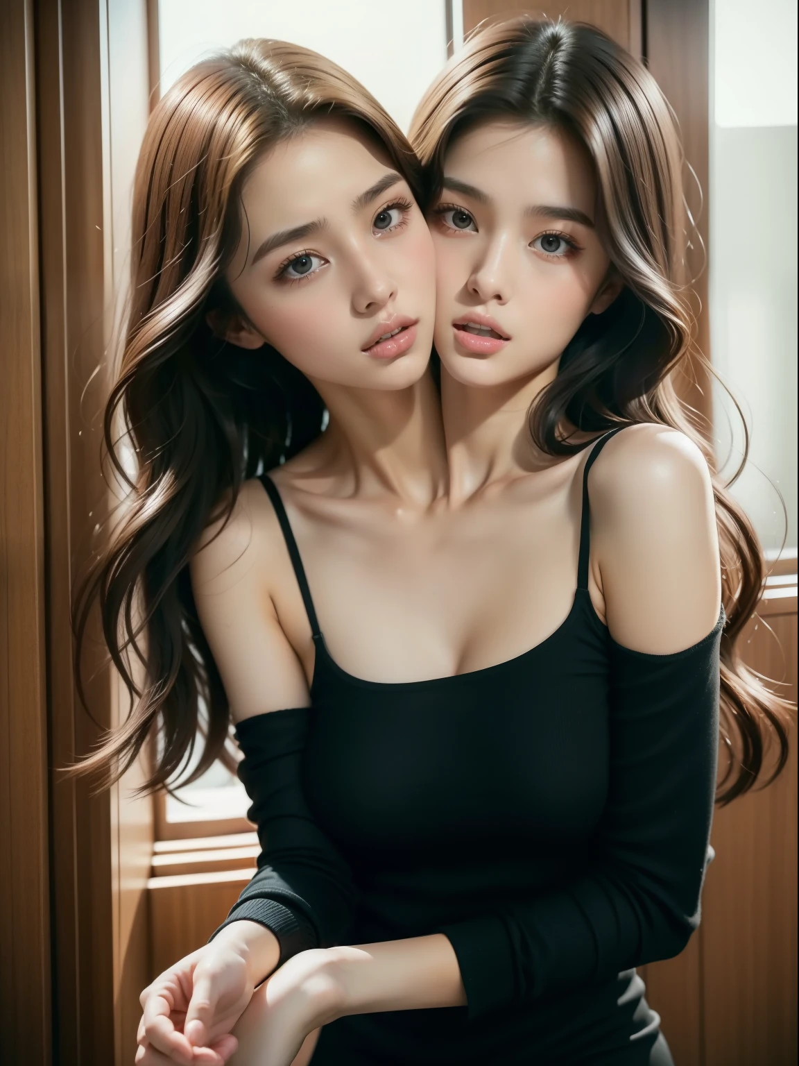 Bestresolution, (2heads:1.2), korean teenage girls, princesses, top-quality、超A high resolution、ultra-realistic realism、reallistic、RAW photography、8K images、Young sexy Japanese woman、Wearing an off-the-shoulder black skinny dress、strap slip。Brown long hair、Young handsome man caressing woman kissing the nape of her neck from behind、The man's hand is attached to the woman's flank、Sensibility 2、hotels room