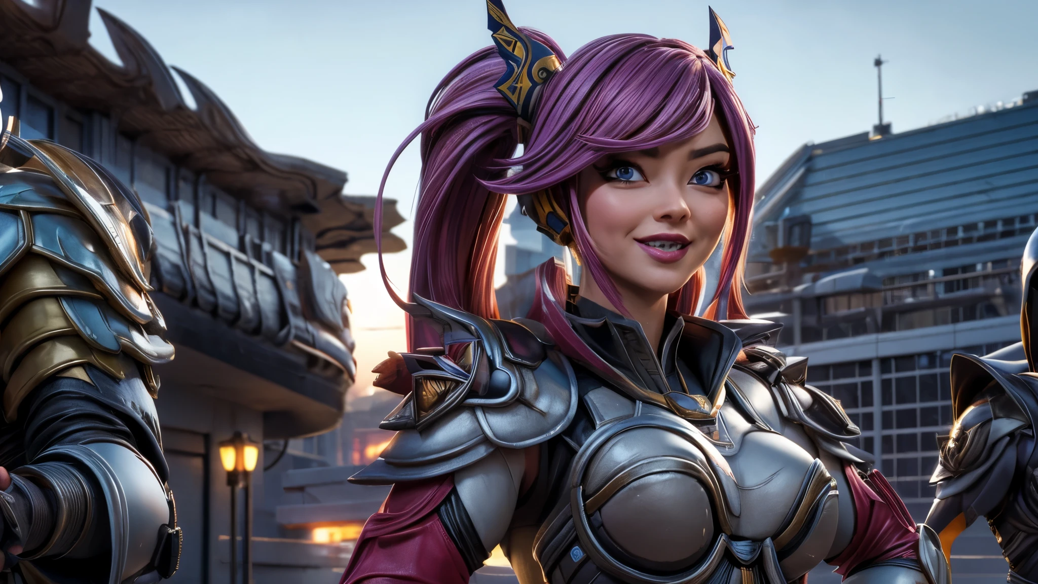 (best quality,4k,8k,highres,masterpiece:1.2),ultra-detailed, Alien Princess, Female Commander Invading a city with her combatmen behind her, strutting her stuff, Smiling and laughing, Flirting with the viewer, HDR, 8k, absurdres, cinestill 800, sharp focus, add_detail:3 (solo woman) anime Villainess, wideshot, widescreen