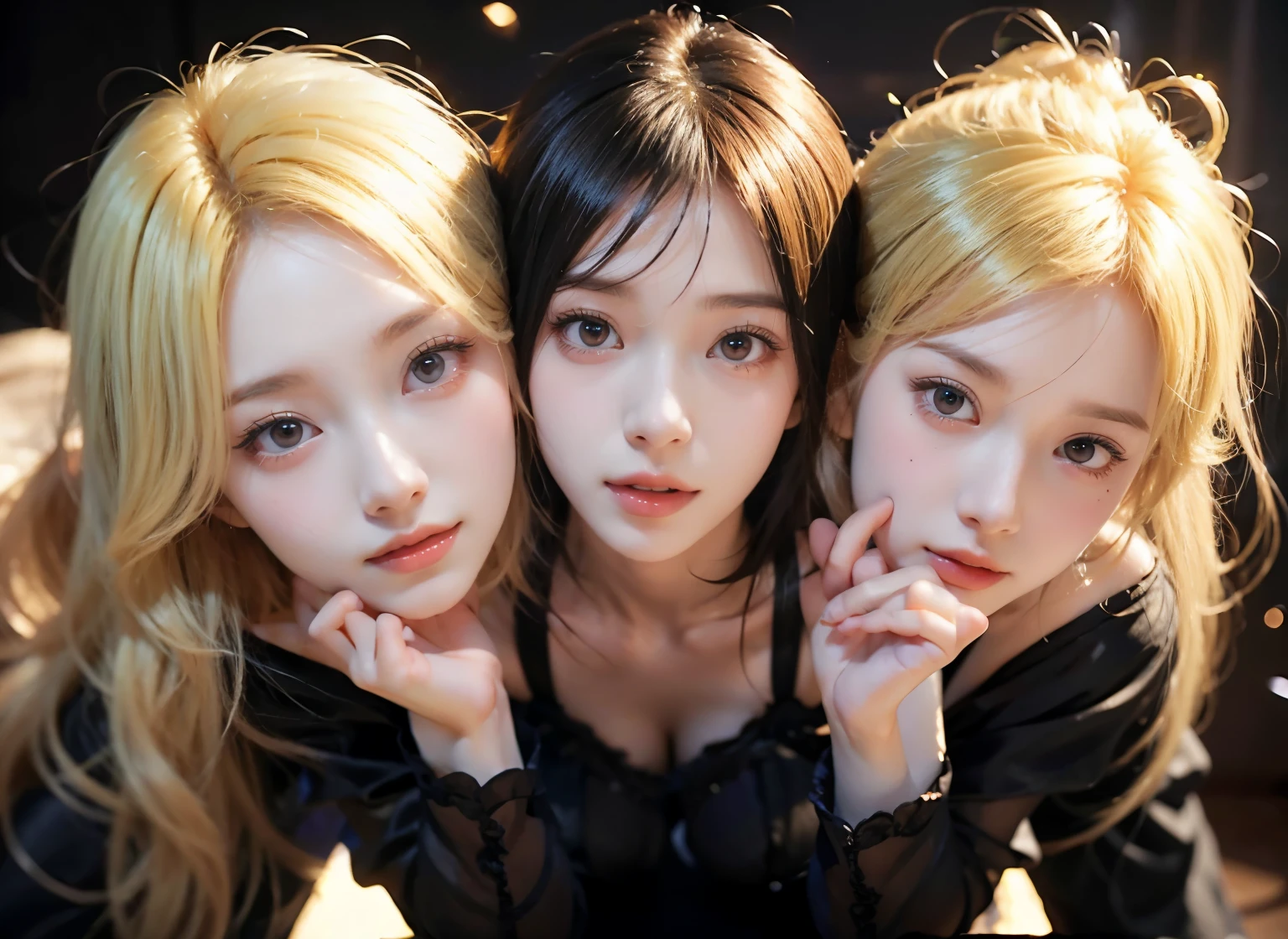 2girls, blonde hair, jewelry, looking at viewer, yellow hair, long hair, blurry, cheek-to-cheek, heads together, simple background, earrings, mole, necklace, lips, hair ribbon, ribbon, bangs, black eyes, realistic, brown eyes, outdoors