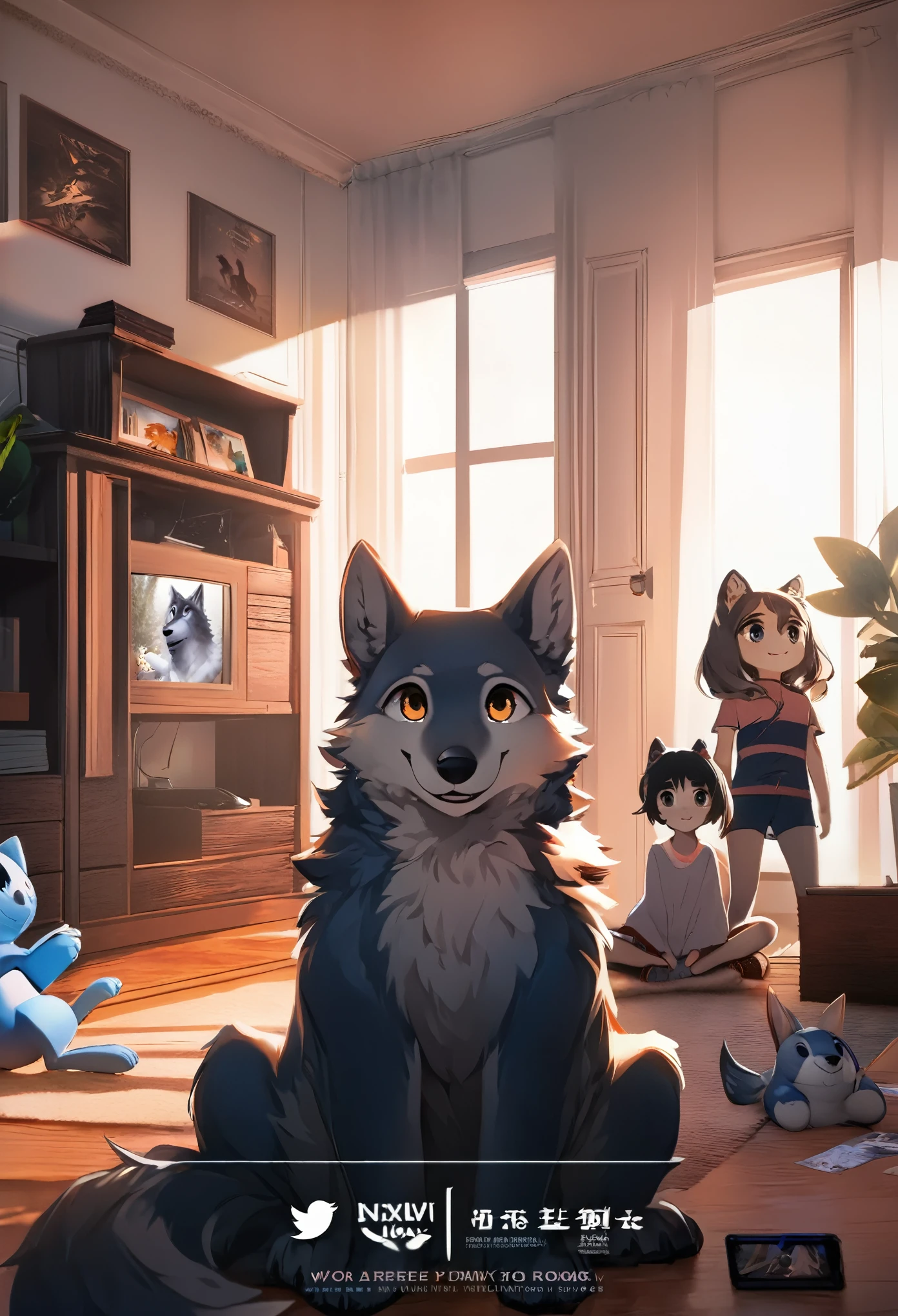 cover page, anime key visual, highres, top quality, best quality, paid reward available, High-quality illustrations, unparalleled masterpiece, perfect artwork, absurdres(home video, 1girl, husband of wolf)family, in house, in room, smile, happy, perfect anatomy, fan-created work shared on platforms Pixiv or Twitter, cinematic lighting,