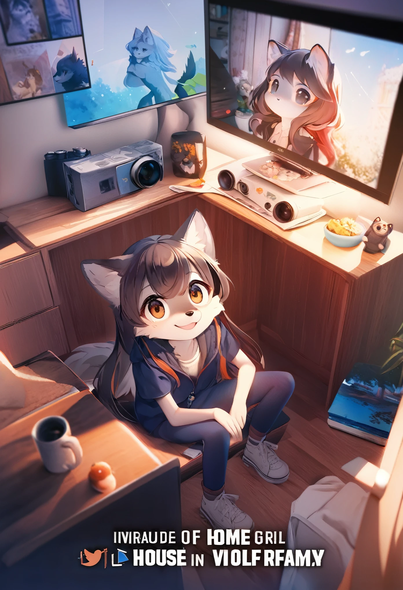 cover page, anime key visual, highres, top quality, best quality, paid reward available, High-quality illustrations, unparalleled masterpiece, perfect artwork, absurdres(home video, 1girl, husband of wolf)family, in house, in room, smile, happy, perfect anatomy, fan-created work shared on platforms Pixiv or Twitter, cinematic lighting,