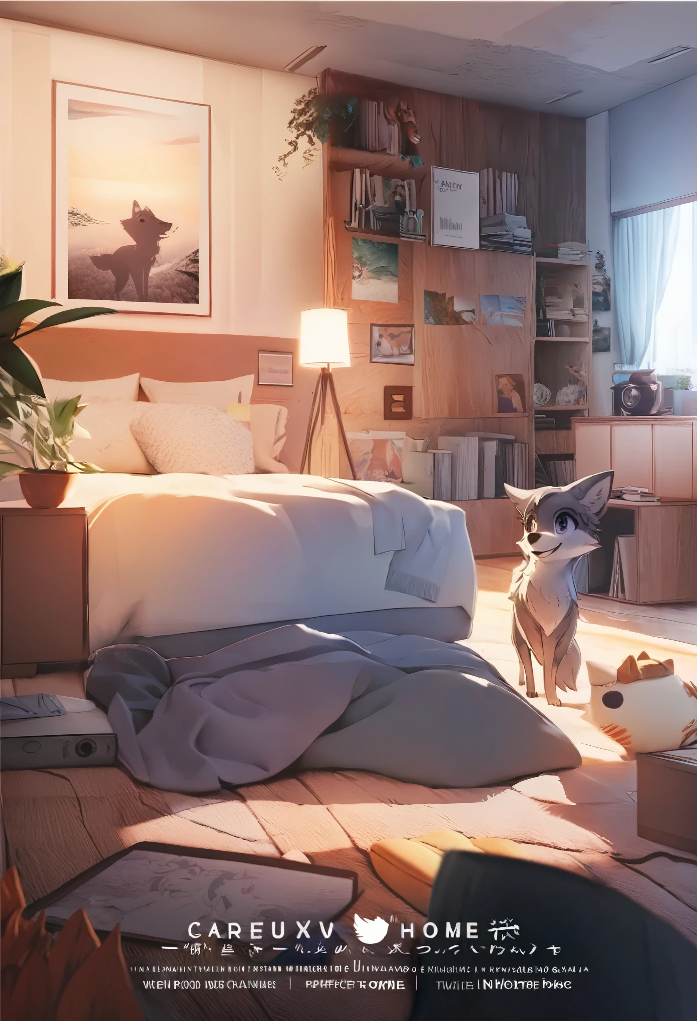 cover page, anime key visual, highres, top quality, best quality, paid reward available, High-quality illustrations, unparalleled masterpiece, perfect artwork, absurdres(home video, 1girl, husband of wolf)family, in house, in room, smile, happy, perfect anatomy, fan-created work shared on platforms Pixiv or Twitter, cinematic lighting,