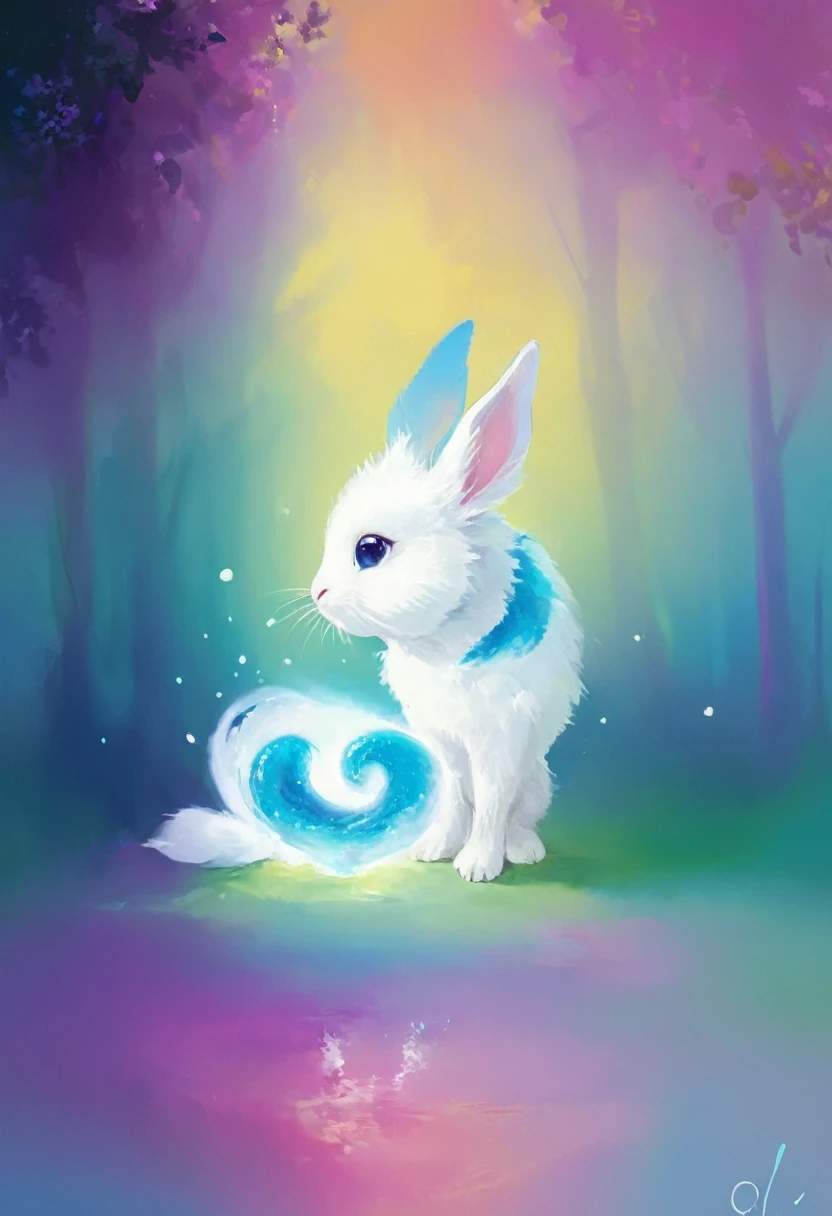 painting of a conejo blanco with blue eyes sitting in a forest ando rodeado por fuego azul y purpura, lindo arte digital, adorable pintura digital, lindo arte digital detallado, conejo blanco, lindo conejito antropomorfo, colorful digital fantasy art, very hermoso arte digital, digital art fantasy, salvaje criatura del bosque, linda obra de arte, hermoso arte digital, lindo colorido adorable, fantasy digital art