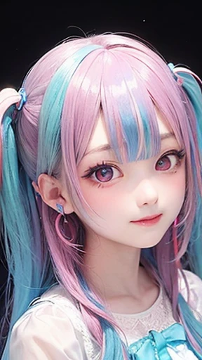 small face、 (alone:1.5,)Super detailed,bright colors, very beautiful detailed anime face and eyes, look straight,  shiny_skin,girl, (((rainbow colored hair, colorful hair, Half blue、half pink hair: 1.2))), 、shiny hair, delicate beautiful face, blush、Glasses、(turquoise eyes), , Valletta, earrings,、aquarium、(（(Stylish lace mini skirt,Translucent shirt)))、（twin tails）、smile、happy face、face dyed red、cheerful pose、dynamic、Full body portrait from head to toe、（I can see the whole body）