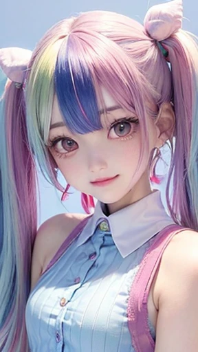 small face、 (alone:1.5,)Super detailed,bright colors, very beautiful detailed anime face and eyes, look straight, shiny_skin,girl, (((rainbow colored hair, colorful hair, Half red、Half emerald green hair: 1.2))), 、shiny hair, delicate beautiful face, blush、Glasses、(turquoise eyes), , Valletta, earrings,、flower garden、sunset、(((light blue、See-through、sexy、Sailor Leotard、Lace mini skirt,Translucent shirt)))、(twin tails)、smile、happy face、face dyed red、cheerful pose、dynamic、