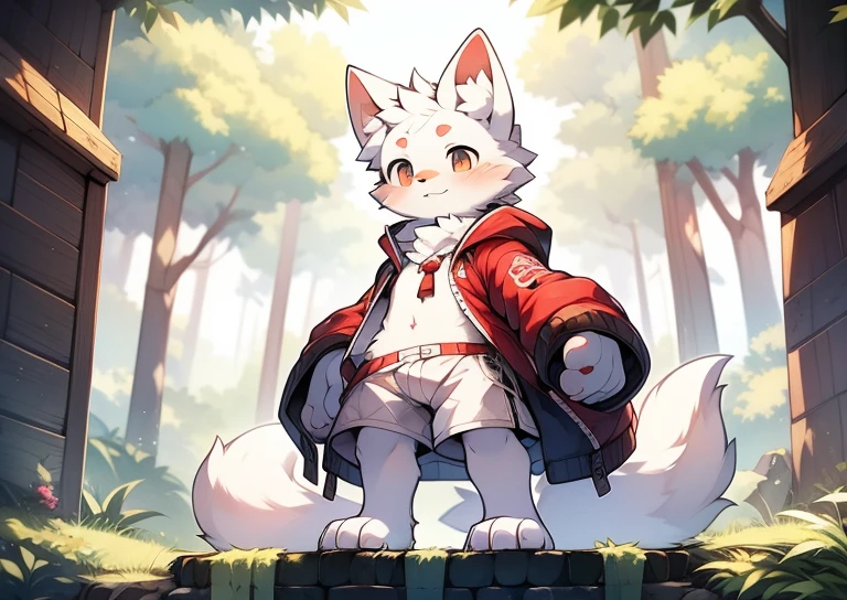 A well-proportioned young white wolf with red and white stripes stands in the maple forest,Bare belly,Wearing a jacket and shorts, he has blush pink pads on his paws.,Bare milky white paws,Watercolor style