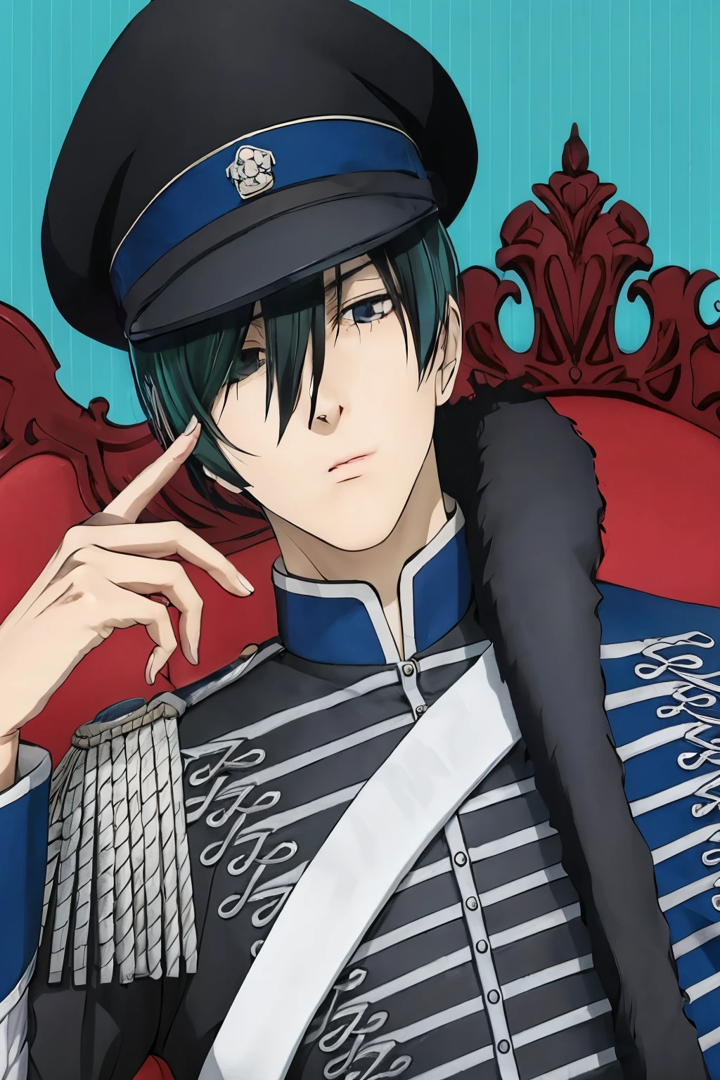 a close up of a person in uniform sitting on a red chair, masamune shiro, hijikata toushirou of gintama, fukaya yuichiro, hijikata toushirou, inspired by Okumura Masanobu, okata kazuto, shuushuu anime image, ikuto yamashita,handsome male