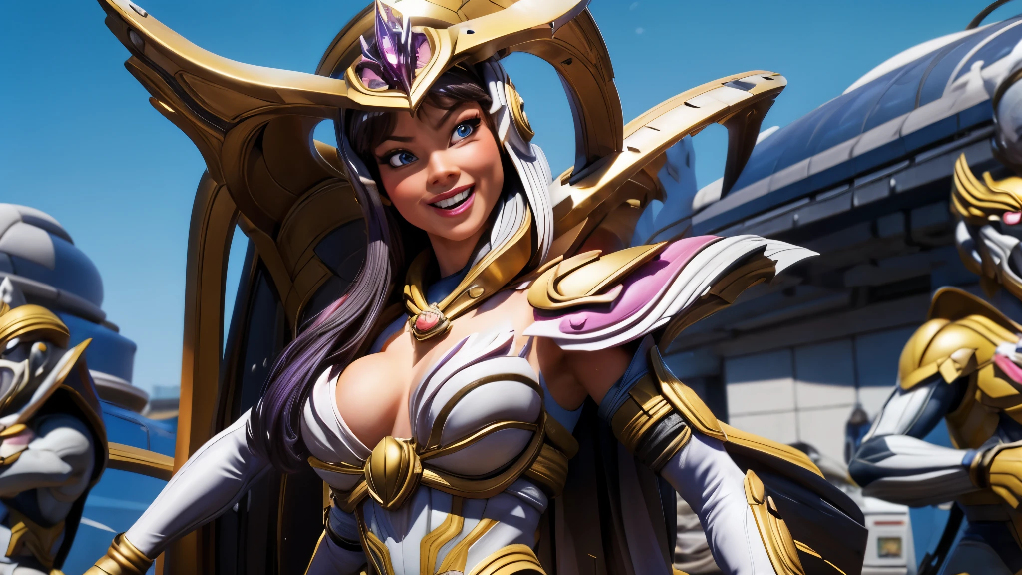 (best quality,4k,8k,highres,masterpiece:1.2),ultra-detailed, Alien Princess, Female Commander Invading city with her combat men behind her, strutting her stuff, Smiling and laughing, Flirting with the viewer, HDR, 8k, absurdres, cinestill 800, sharp focus, add_detail:3 (solo woman) anime Villainess, wideshot, widescreen