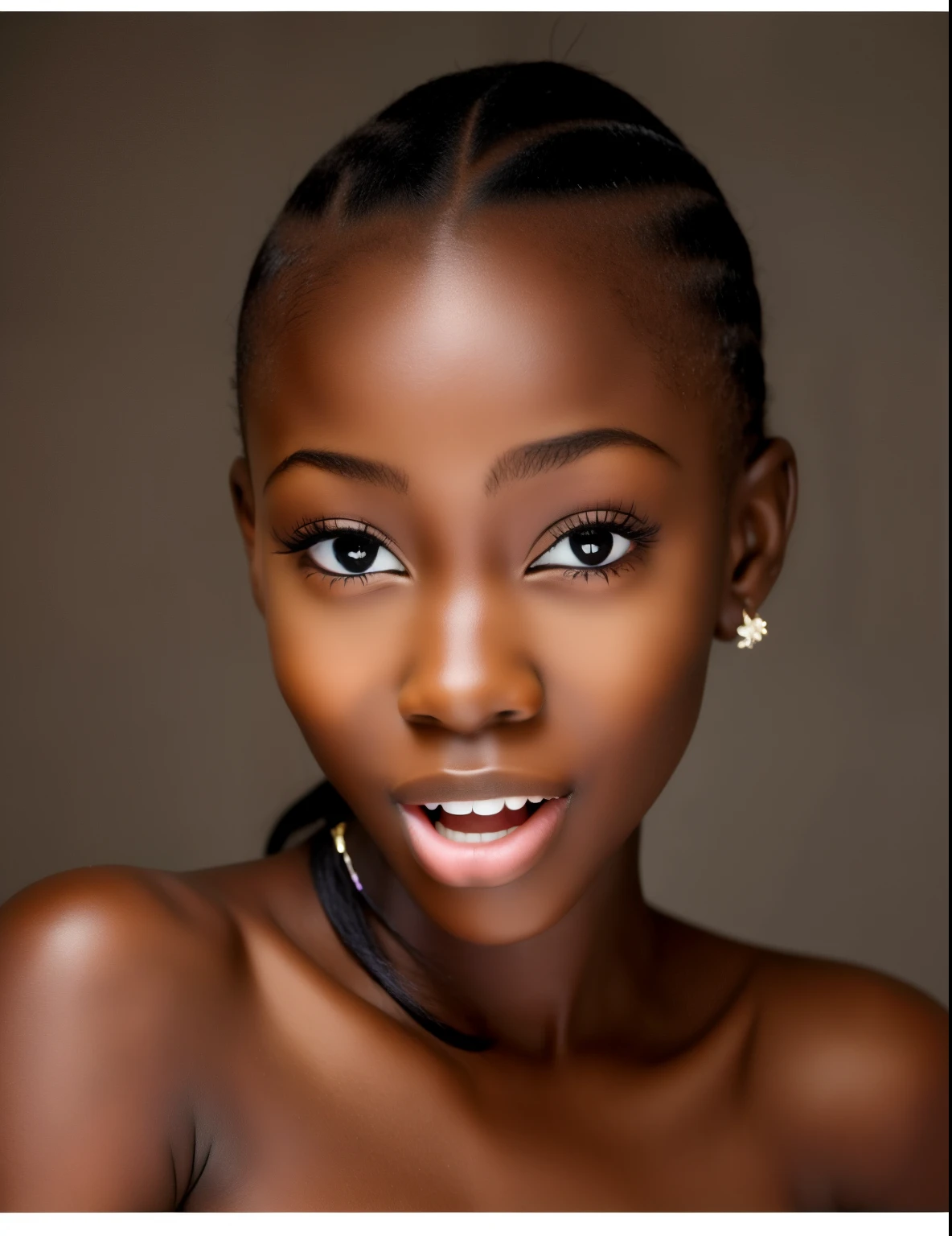 African girl teen young under 13 years, extremely very dark skin, long hair, perfect lips perfect mouth perfect teeth shocked face