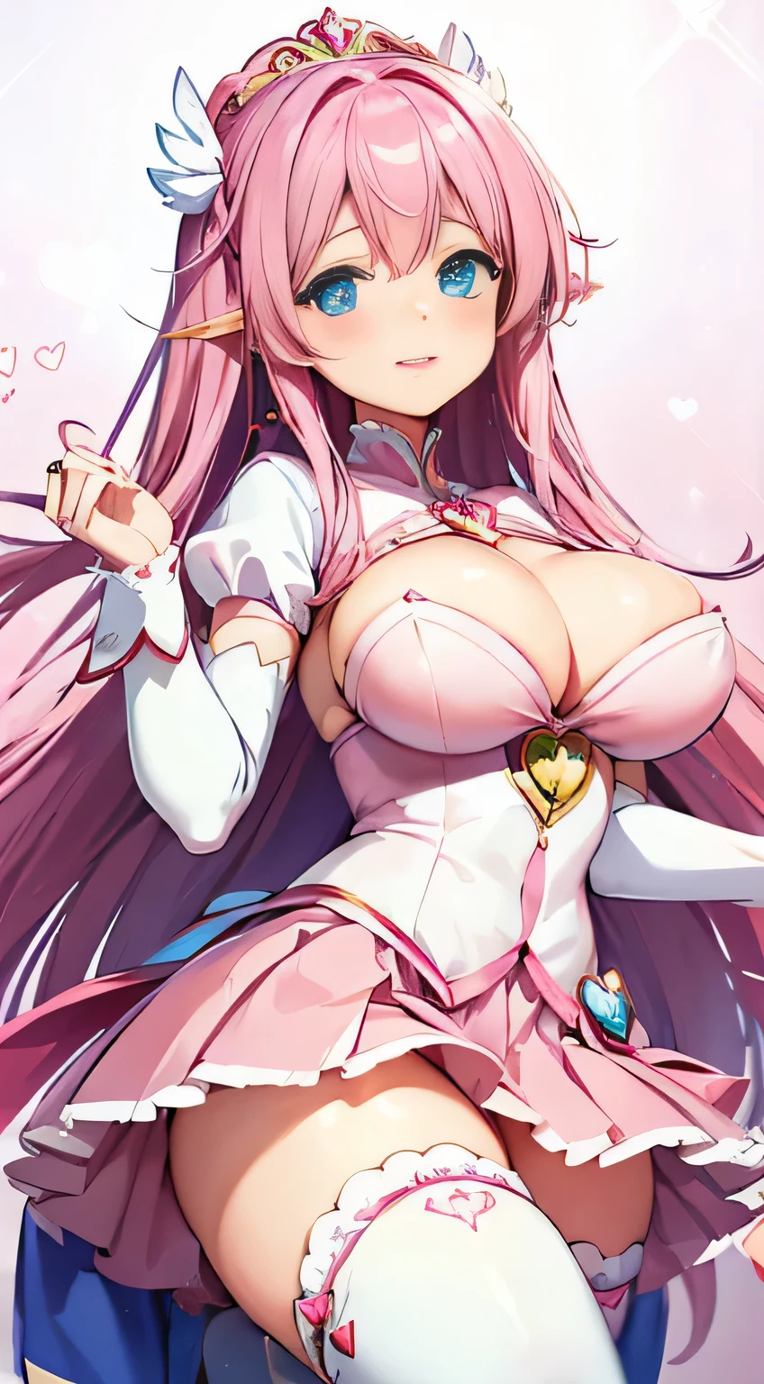 highest quality、((Round blue eyes))、pink long hair、((big breasts))、((Cute magical girl in sexy outfit))、、pink nails、Lustrous pink lips、pink skirt、Heart-shaped earrings、white knee high socks、smile、ring